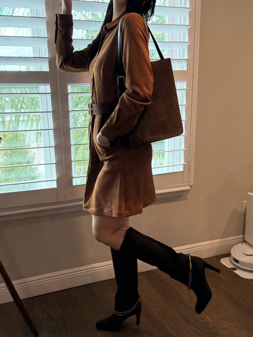 A loves Button-Front Shirt Dress in Chestnut Brown Suede Pickets Details